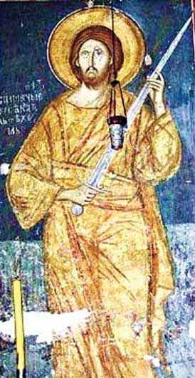 «I came not to send peace, but a sword!» A fresco of XIV century. Radomir with a knight's sword